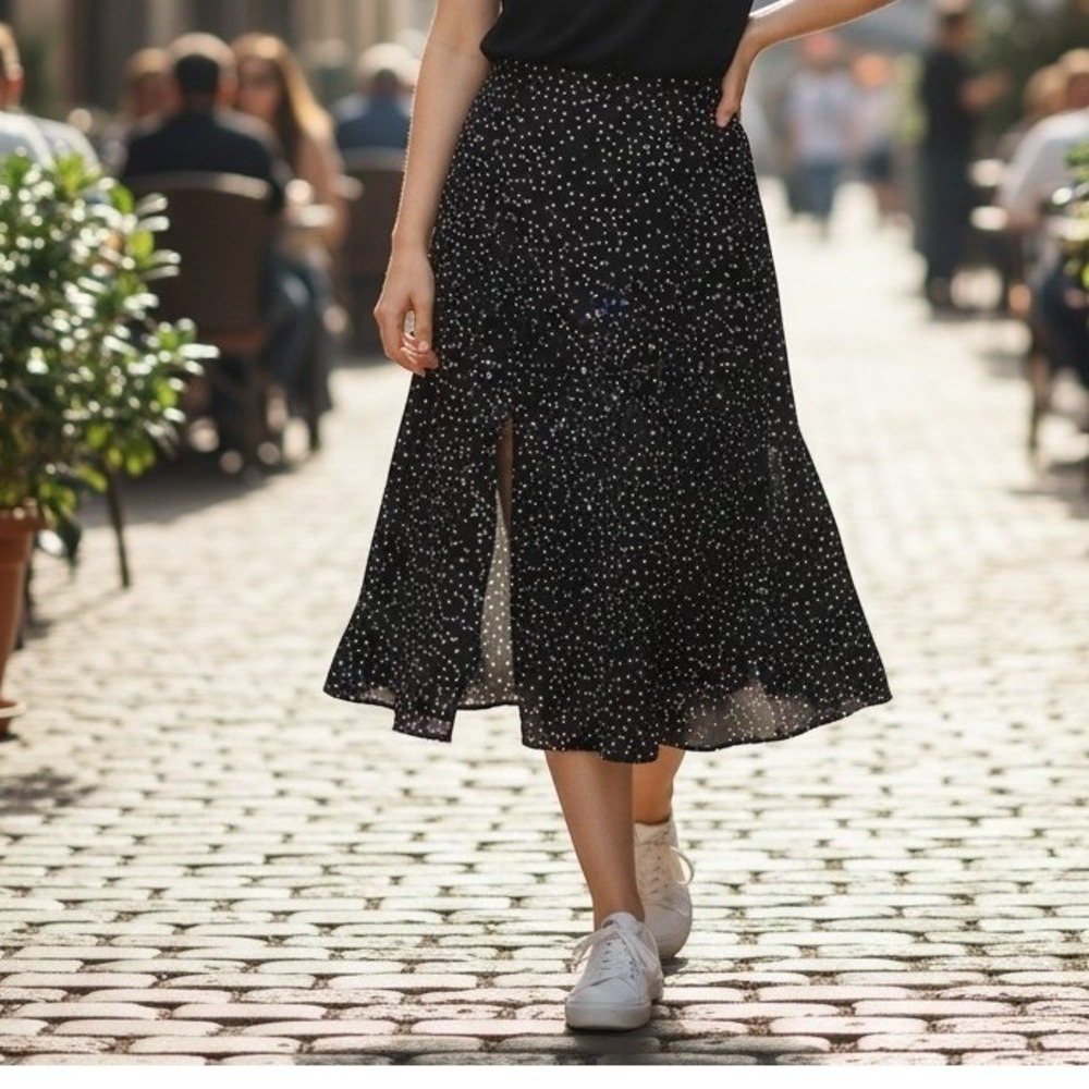 Nasty Gal Skirt Womens 10 Black Polka Dot A-Line Midi Slit Retro Classic
